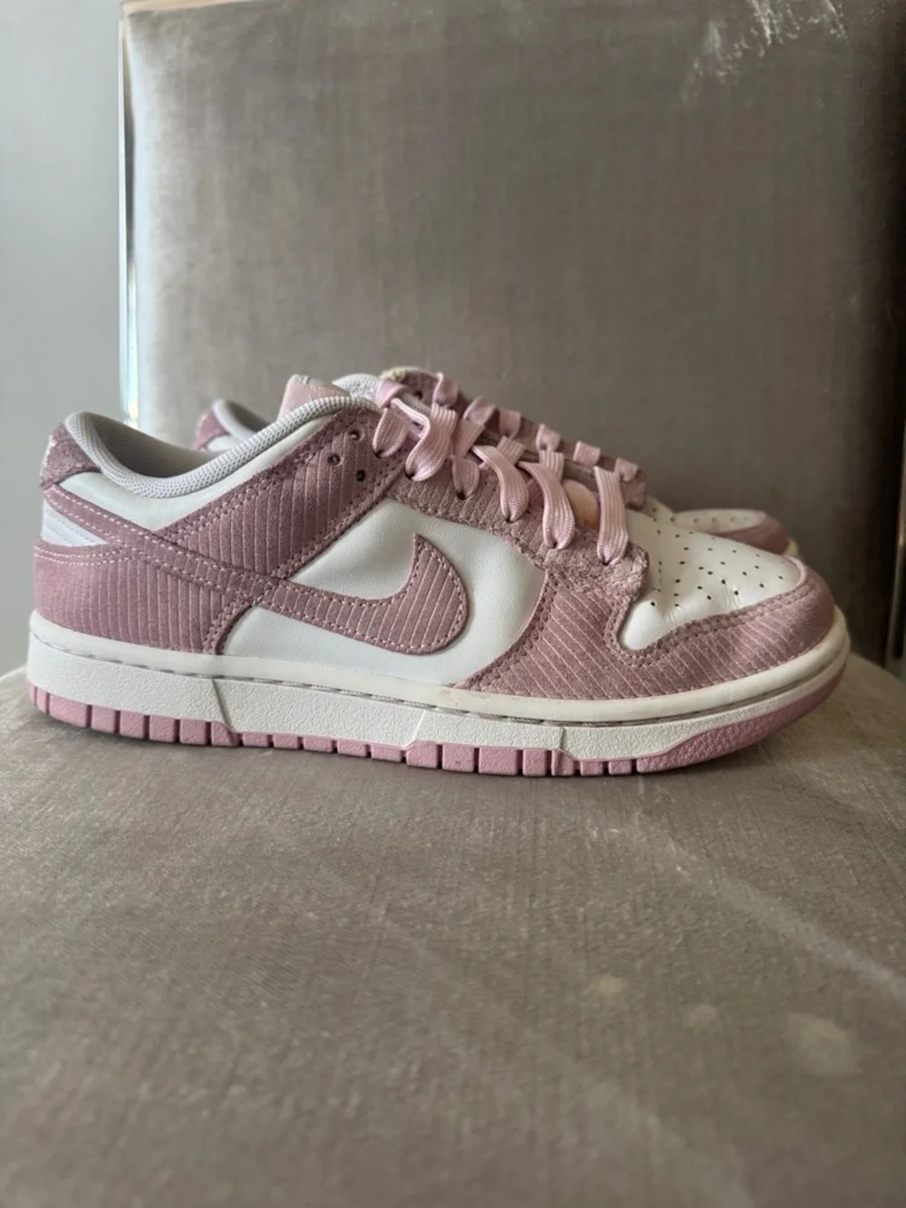 Nike Dunk Low Pink and White Corduroy Trainers - Picture 1 of 4